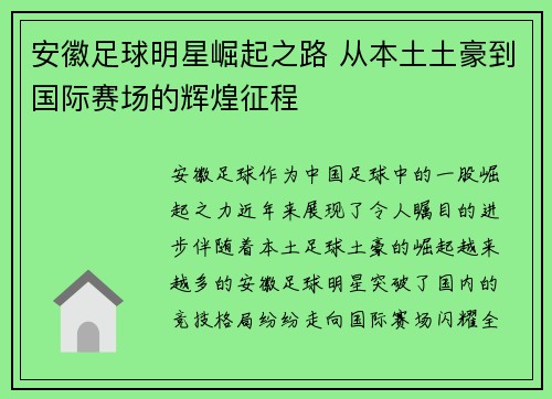 安徽足球明星崛起之路 从本土土豪到国际赛场的辉煌征程